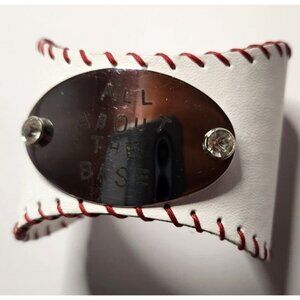 Cuff Bracelet "All About The Base" Metal Plate white Red Stitching Baseball